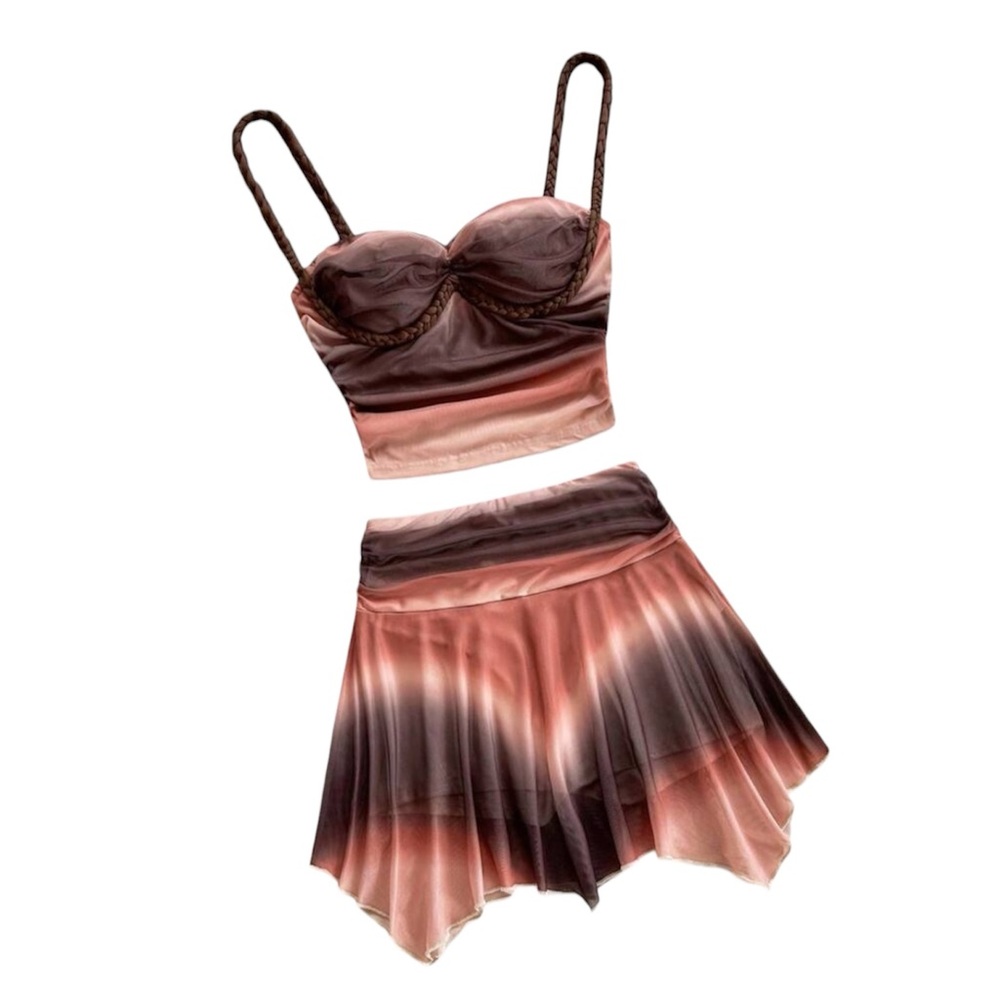 Two-Piece Crop Top & Skirt Set in Ombre Rose-Brown